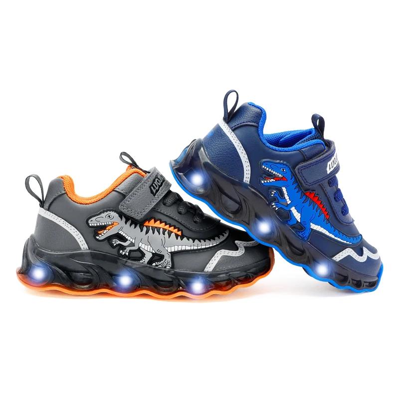 EXDINO 2-6Y enfants LED Giganotosaurus automne cuir chaussures lumineuses garçons dinosaure petits e