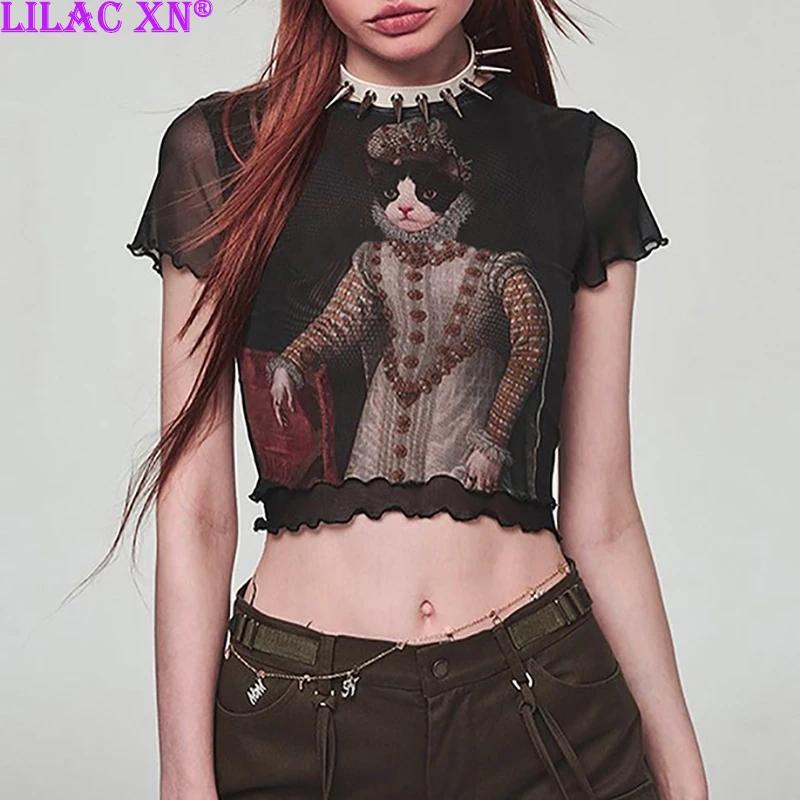 Y2K-T-shirt à manches courtes en maille de dentelle pour femmes, haut court imprimé chat, transparen