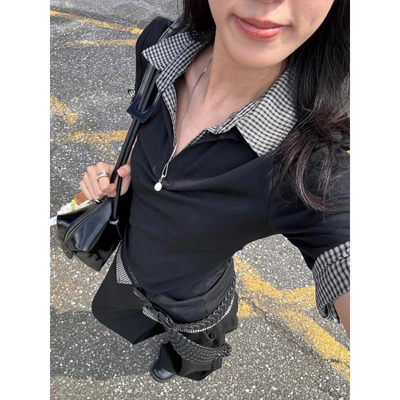 Genayooa américain rétro Patchwork chemise femmes demi manches chemises décontractées Y2k Vintage fa