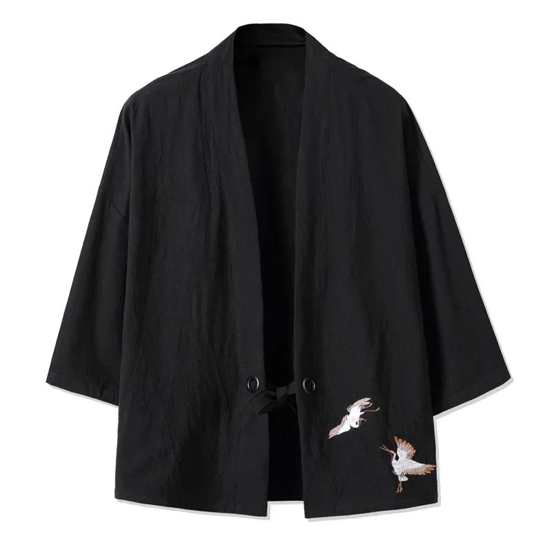Hommes Kimono grue broderie Harajuku Style japonais Cardigan décontracté coton hommes samouraï Costu