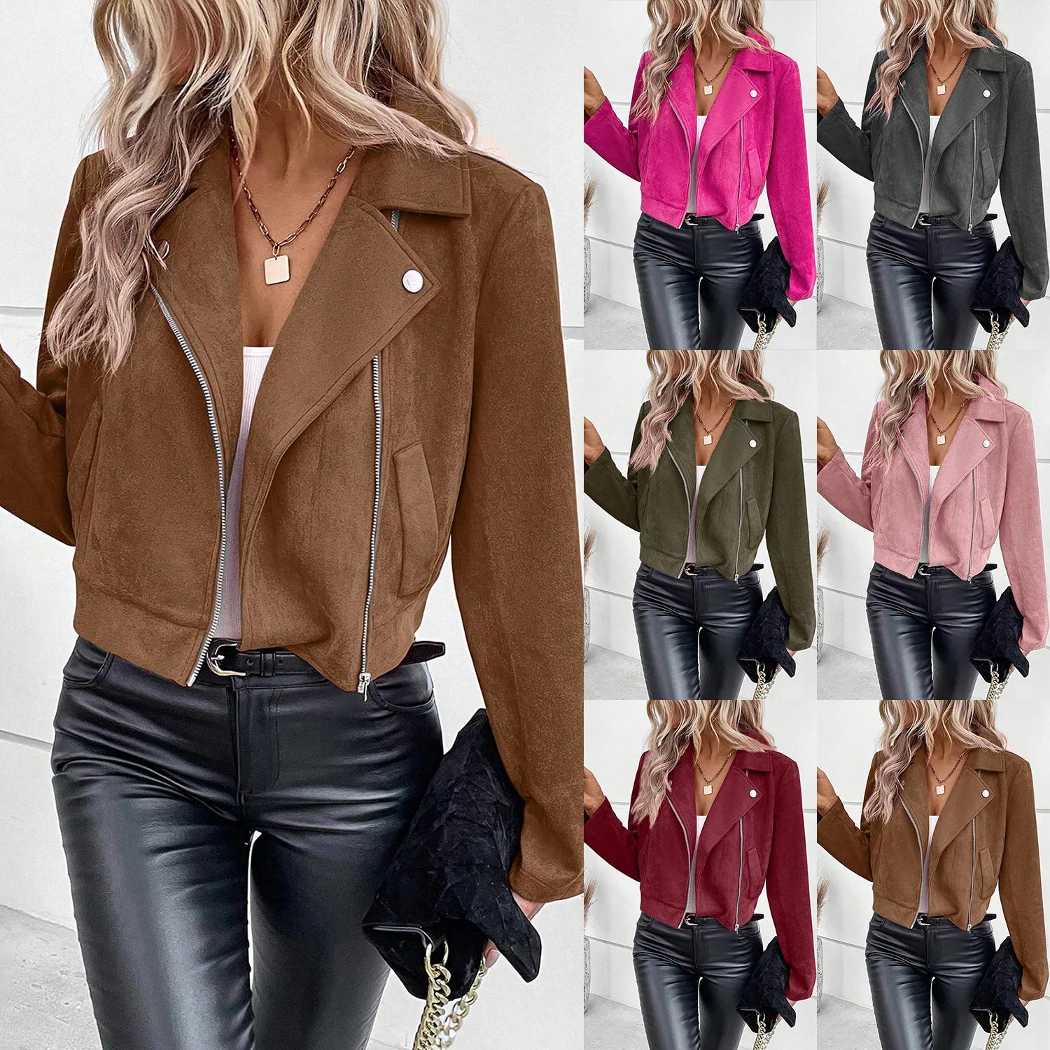 Faux daim femmes Jakcet fermeture éclair mouche revers boutons moto veste en cuir coupe-vent haute r