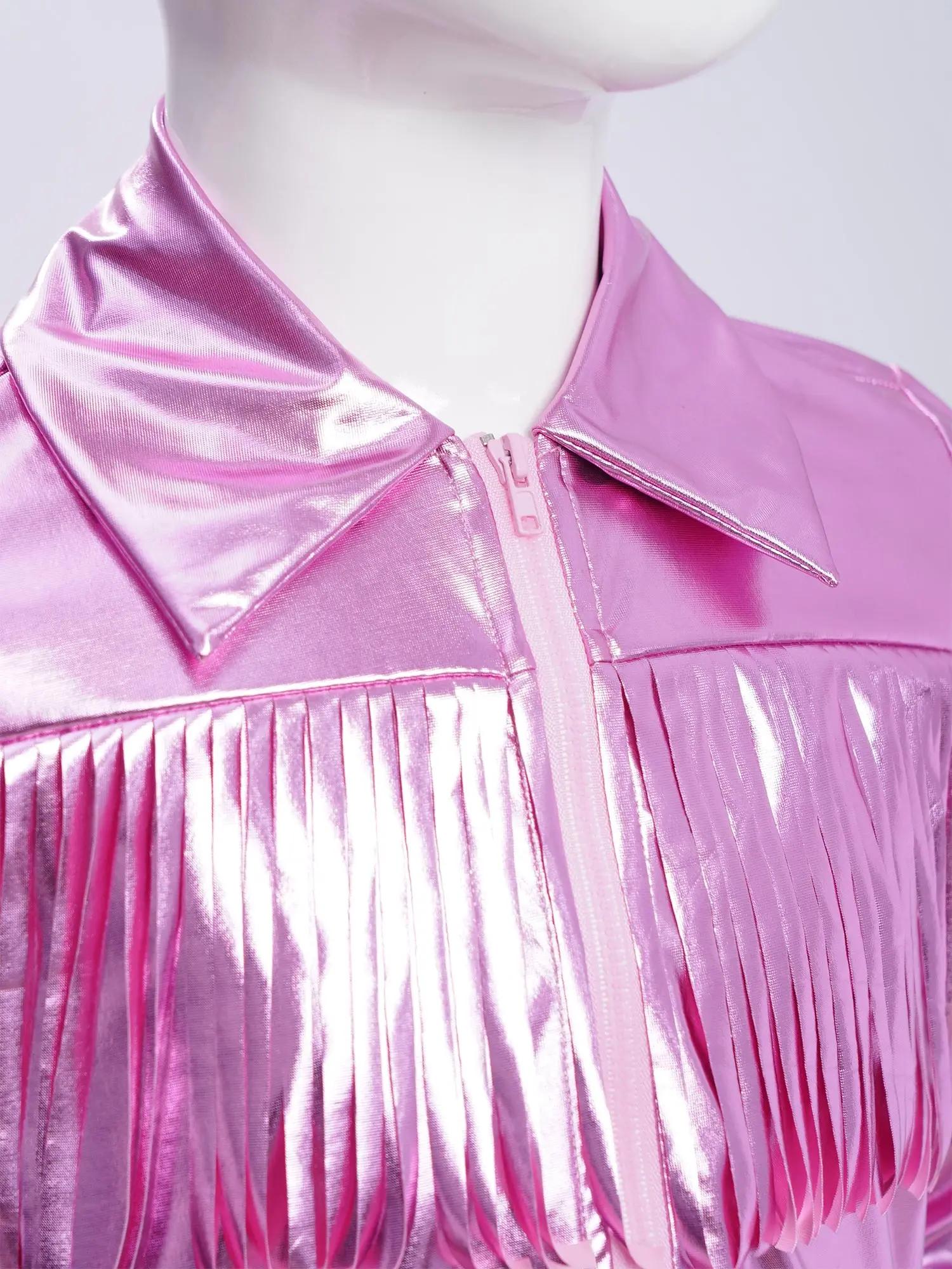Vestes à pompons pour filles, Streetwear, Costume de danse Jazz métallique, col rabattu, manteaux à