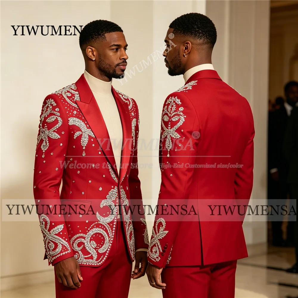 Costume de mariage exclusif pour le marié, blazer perlé de cristaux, ensemble 2 pièces personnalisé,