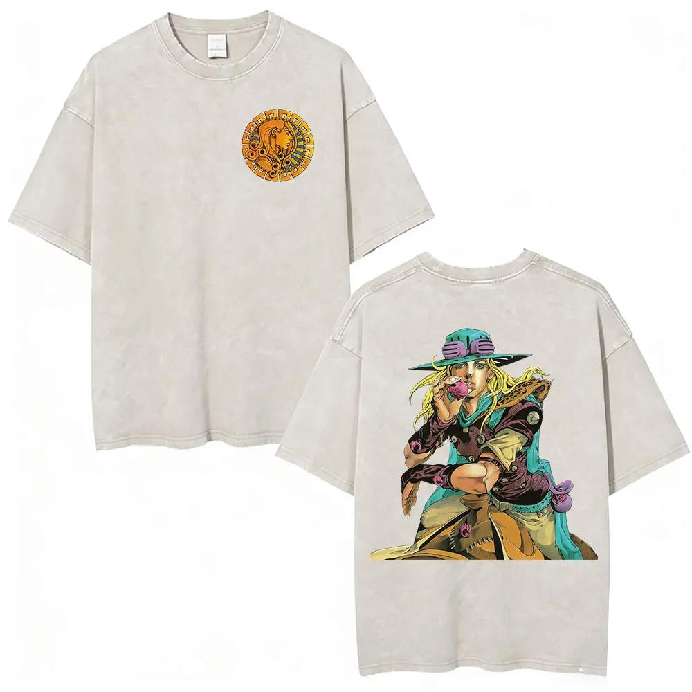 T-shirt Anime Jojo Bizarre Adventure STEEL BALL RUN Manga Vintage Acid Washed pour hommes et femmes,