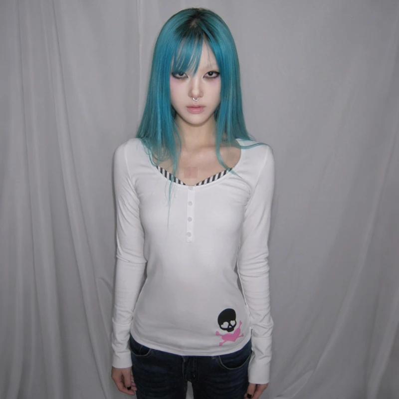 Karrcat Trashy Y2k T-shirt imprimé crâne Grunge esthétique faux deux pièces hauts Vintage années 200