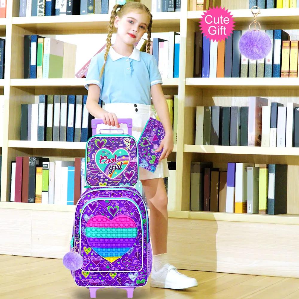 Sac à dos roulant 3 pièces pour filles, sac à livres à roulettes pour enfants, sac d'école à roulett