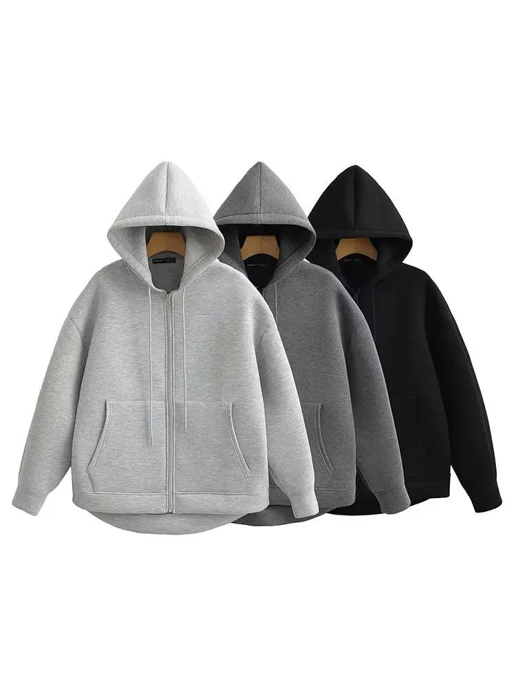 HH automne femmes gris veste avec capuche à manches longues grande poche veste à glissière manteau f