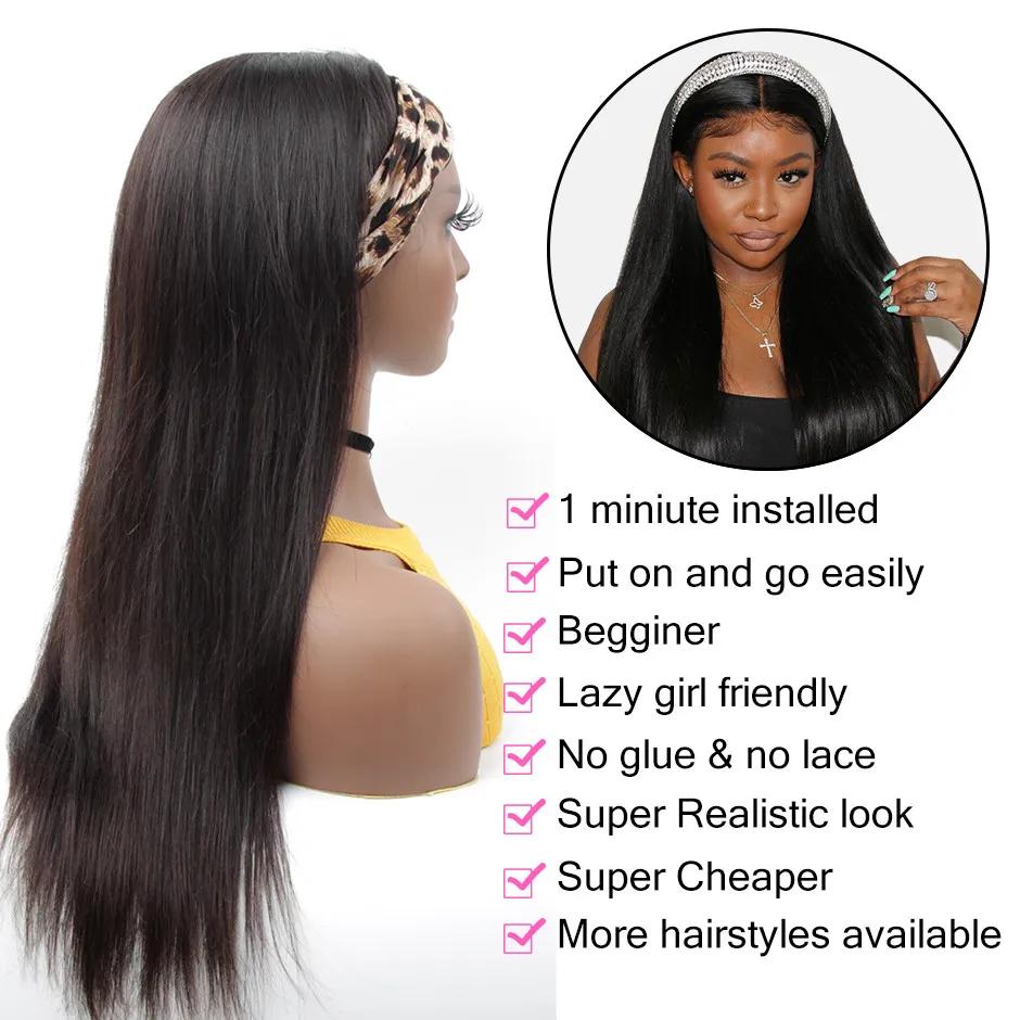 Perruque Brésilienne Naturelle Remy Cheveux Lisses Sans Colle, Faite à la Machine, pour Femme Noire