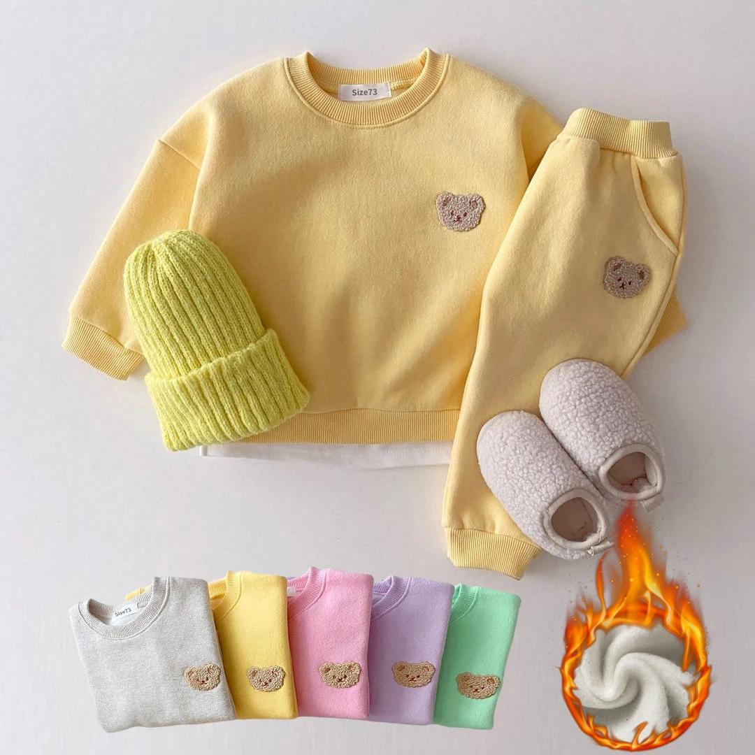 Ensemble de pull en polaire avec broderie d'ours pour fille de 1 à 5 ans, sweat-shirt + pantalon de