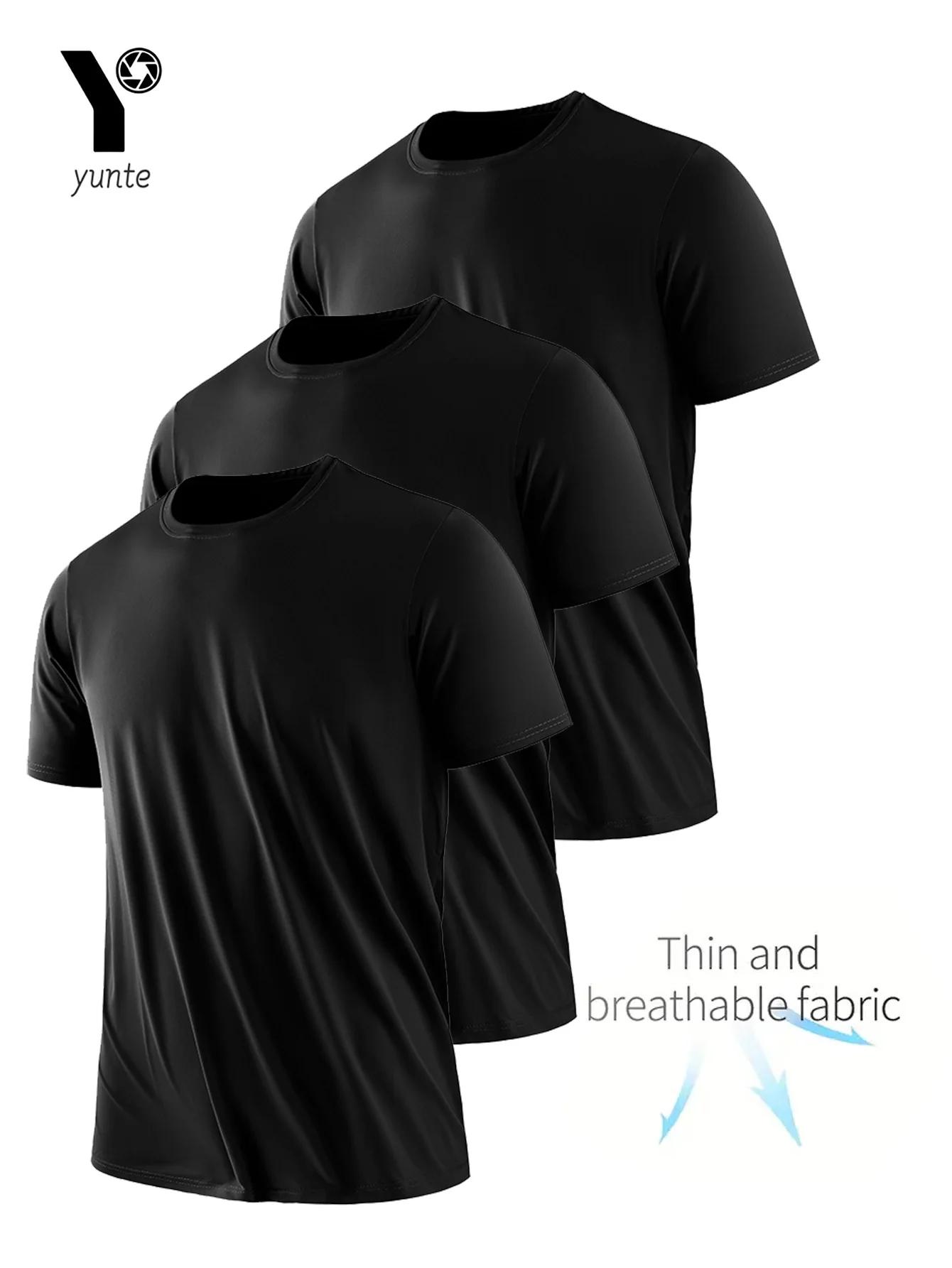 T-shirt col rond 3 pièces noir ultra-léger pour hommes, séchage rapide, respirant, absorbant la sueu