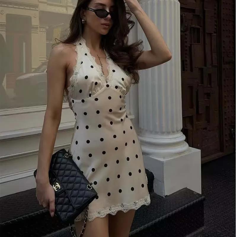 YENKYE dentelle épissé à pois Robe licou femmes élégant a-ligne Mini Sexy dos nu robes Robe d'été 20