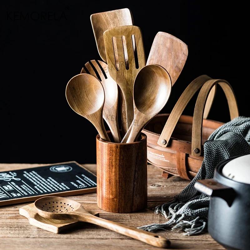 Cuillères en bois pour la cuisine, ustensiles en bois pour la cuisine avec porte-ustensiles, ensembl