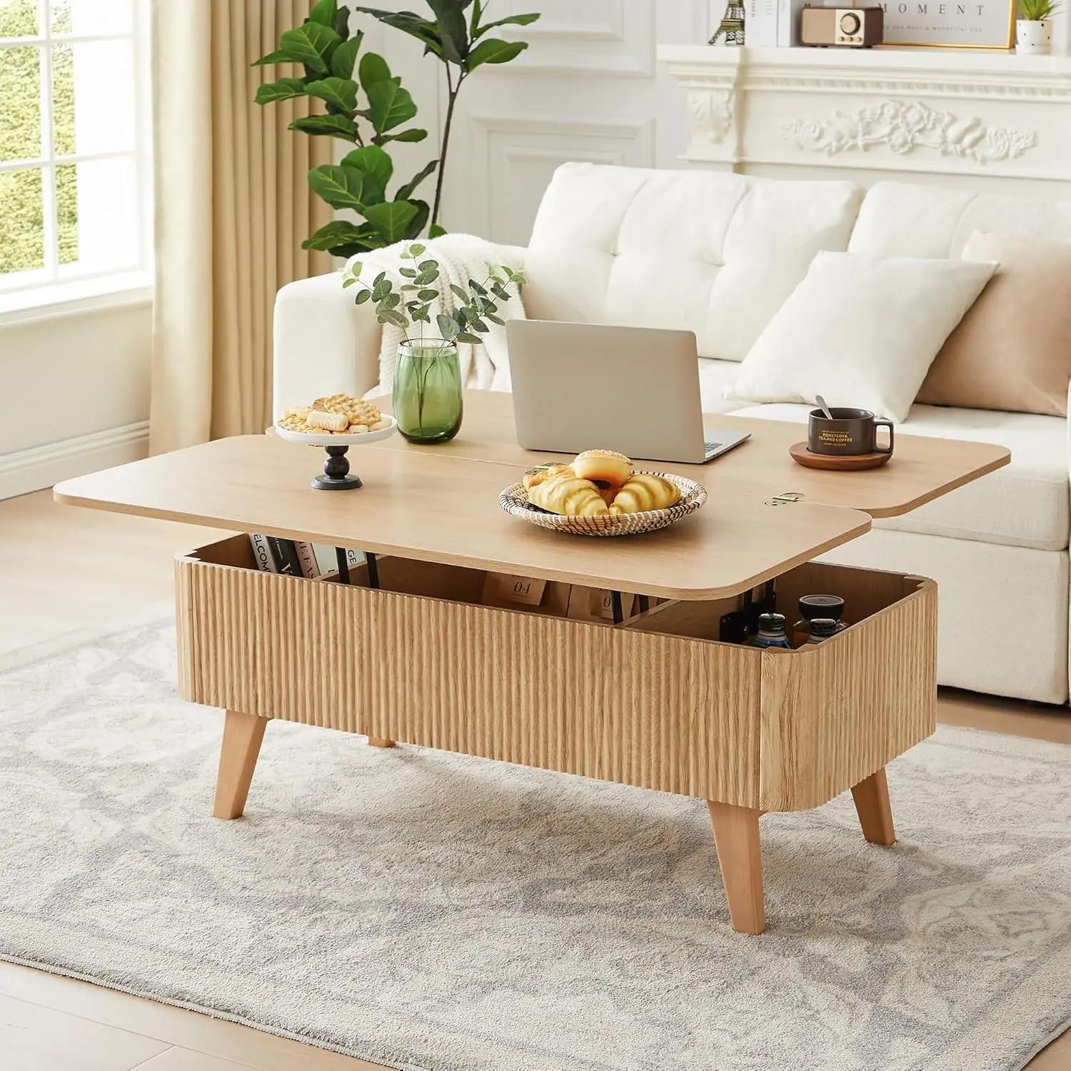 Table basse relevable 3-en-1, tables basses convertibles cannelées transformables en tables à manger