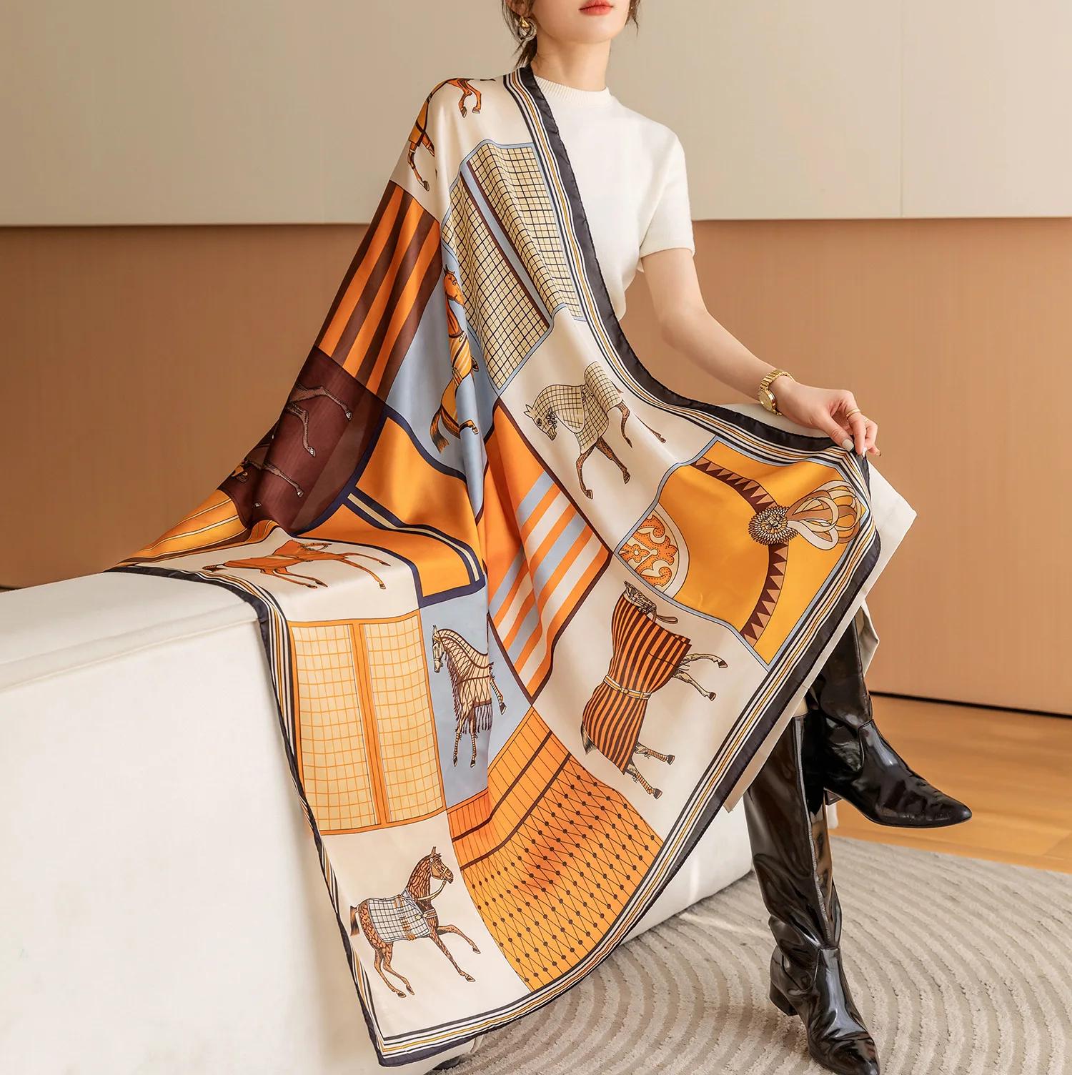 Foulard carré imprimé cheval de luxe, châle Vintage en Imitation soie pour femmes, coupe-vent, envel