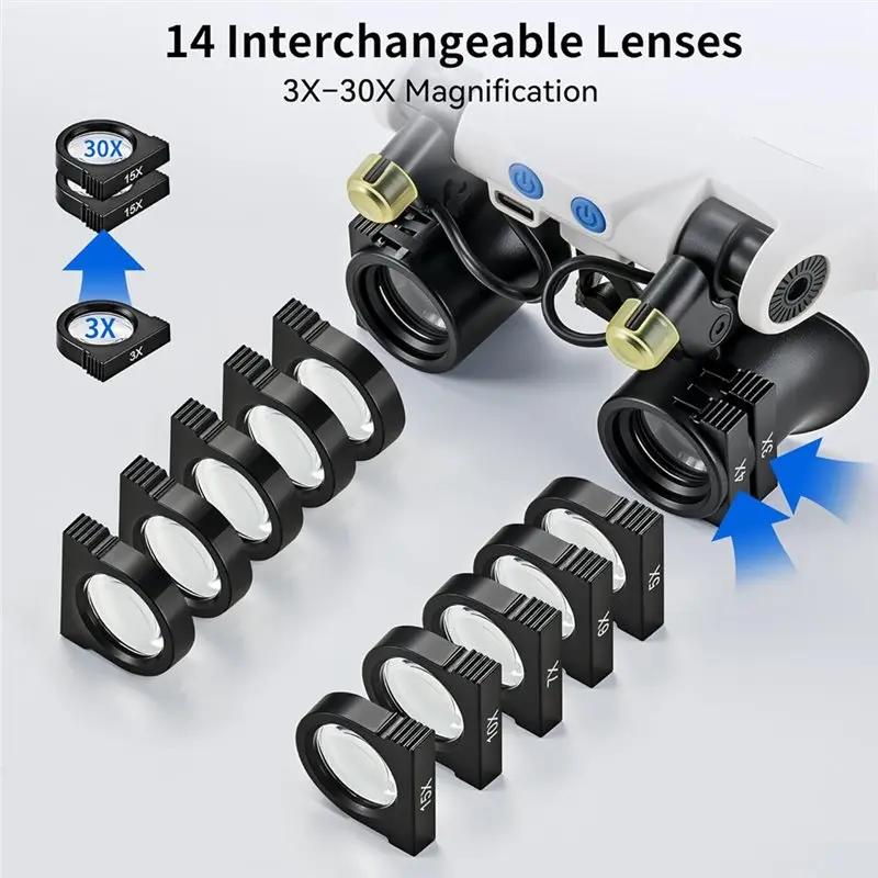 Loupes à lumière LED ABUP, loupe mains libres avec 14 lentilles interchangeables (3X, 4X, 5X, 6X, 7X
