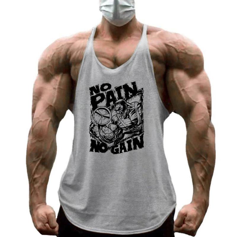 NO PAIN NO GAIN Imprimé Gym Fitness T-Shirt Hommes Musculation Sport Sans Manches Gilets Coton Respi