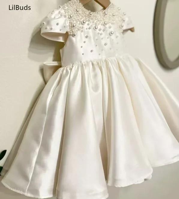 Robe en Satin blanc pour bébé fille, haut de gamme, faite à la main, robes de princesse élégantes po