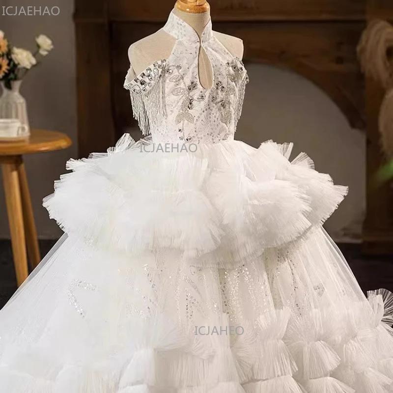 Robe de princesse blanche pour filles, robe de soirée bouffante en Tulle, longue robe de concours, s