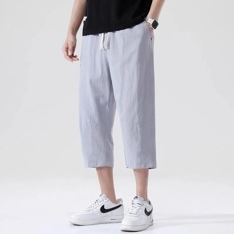 Pantalon court en lin pour hommes, décontracté, couleur unie, jambe droite, léger, grand, imitation