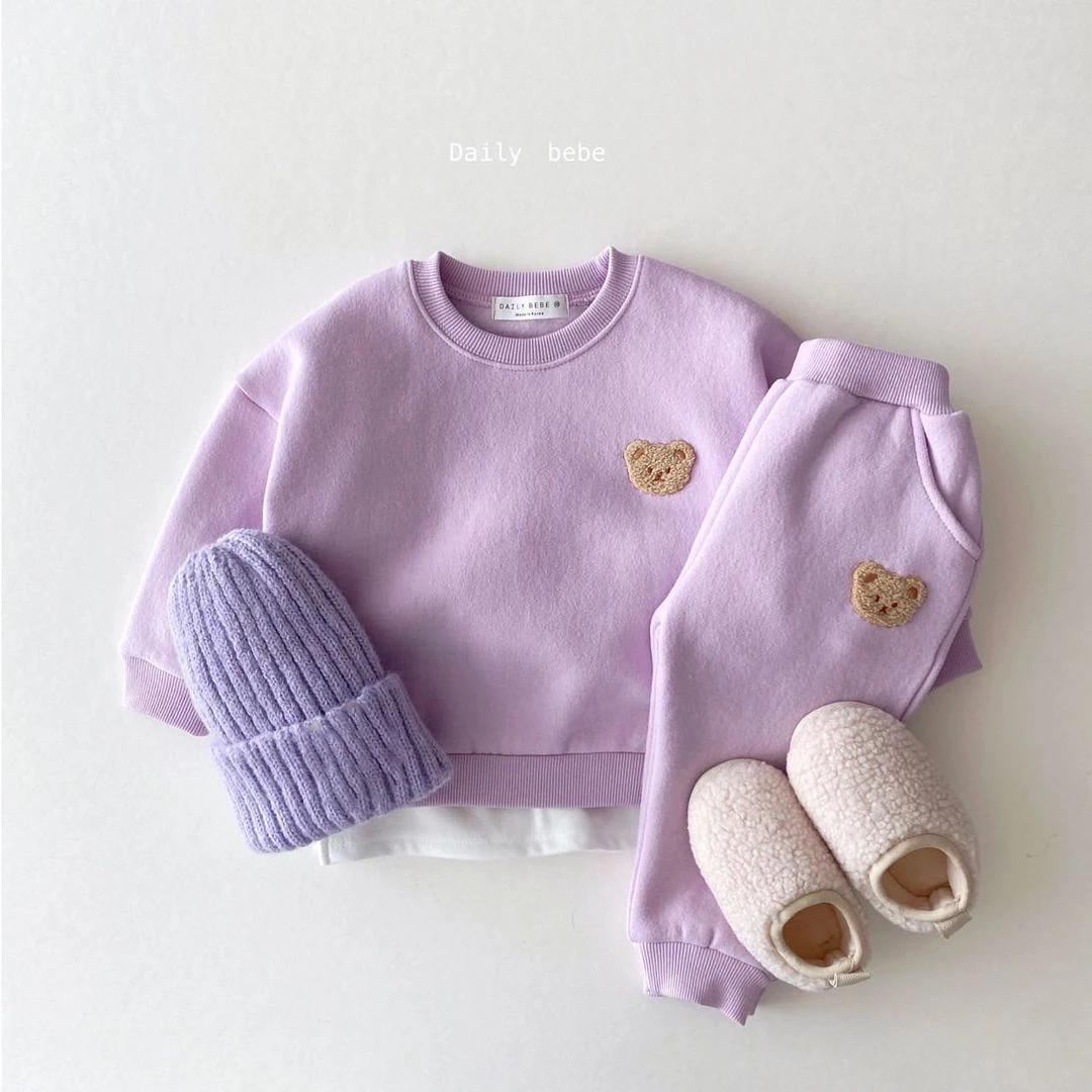 Ensemble de pull en polaire avec broderie d'ours pour fille de 1 à 5 ans, sweat-shirt + pantalon de