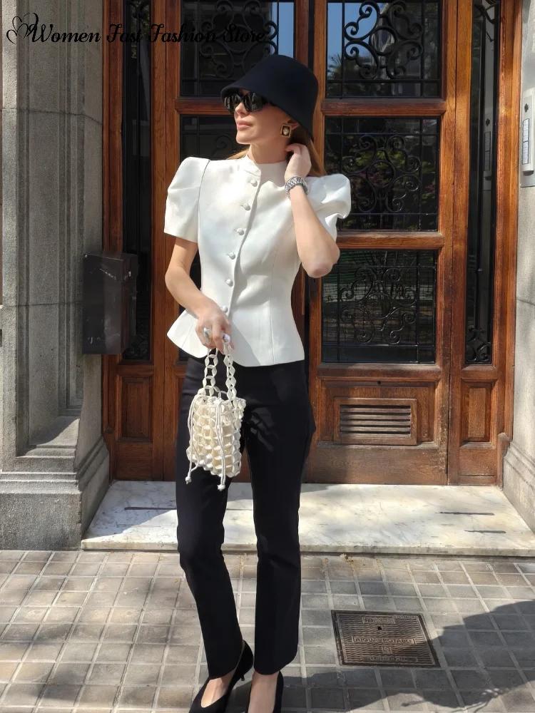 Manteau élégant à manches courtes et simple boutonnage pour femme, débardeurs unis à col rond, Nouve