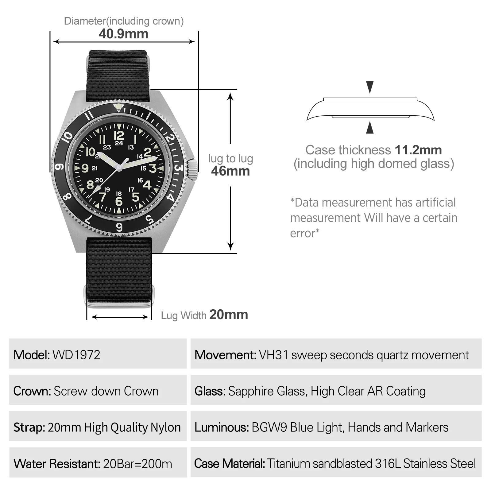 Watchdives WD1972 montre à Quartz VH31 balayage secondes mouvement saphir cristal BGW9 lumineux 20Ba