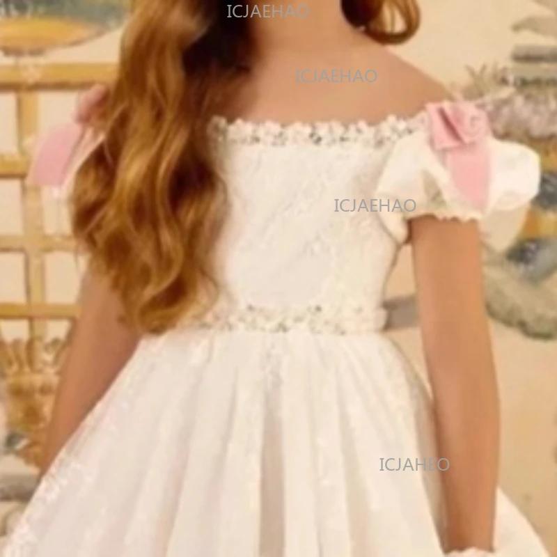 Robe de cérémonie blanche pour filles, avec nœud rouge et dentelle, idéale pour demoiselle d'honneur