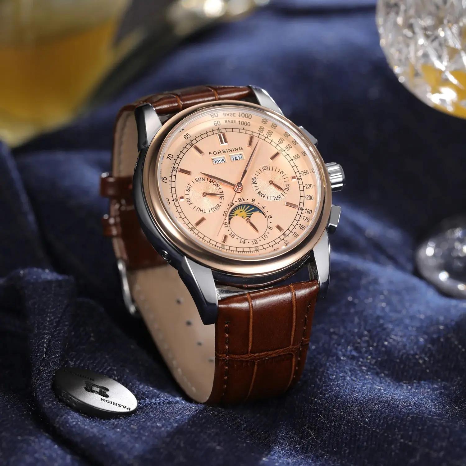 Forsining rétro montres mécaniques Phase de lune mouvement Shanghai boîtier en or Rose bracelet en c