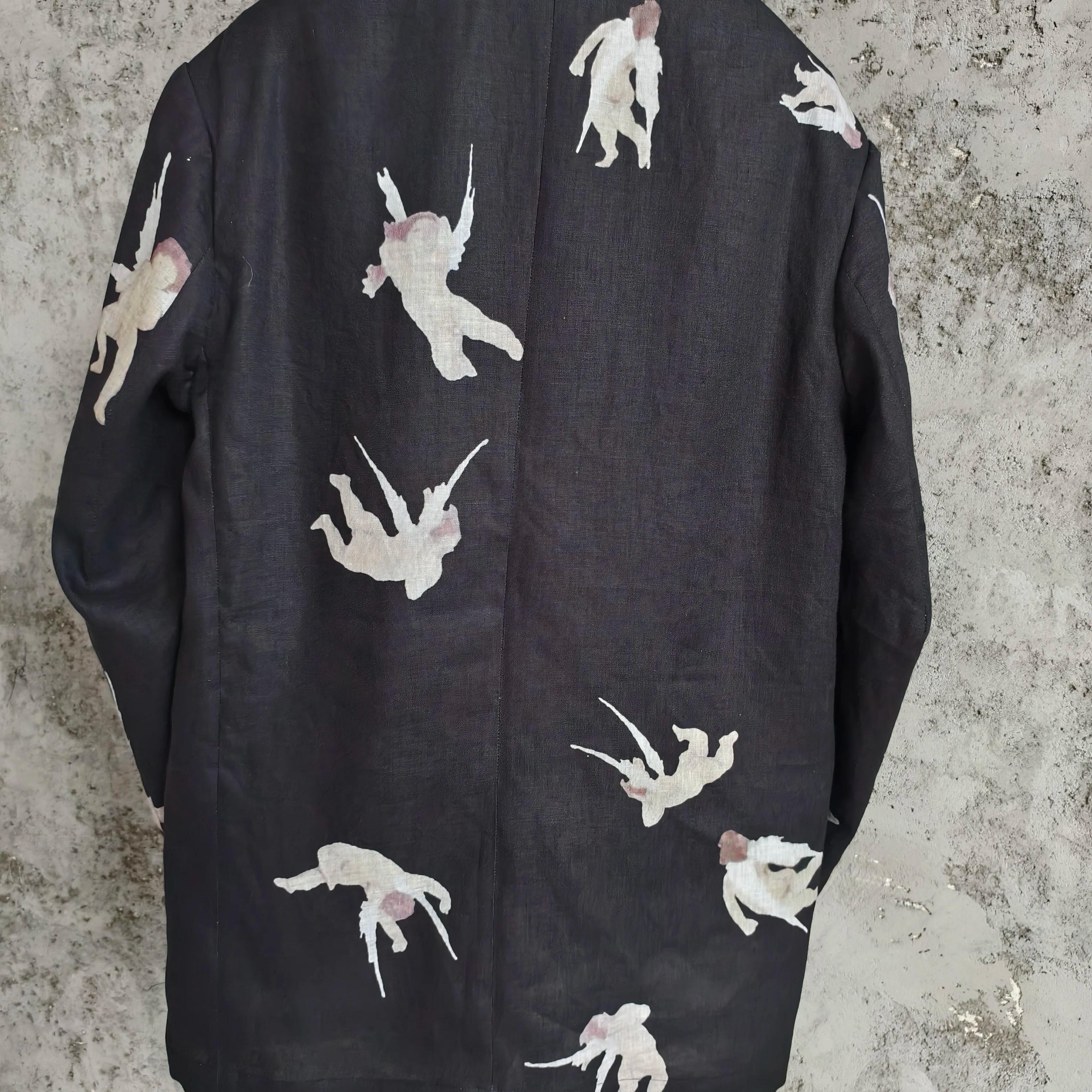 TOP-YAMAMOTO design original mélange de lin motif d'ange manteau à col ouest avec imprimé à manches