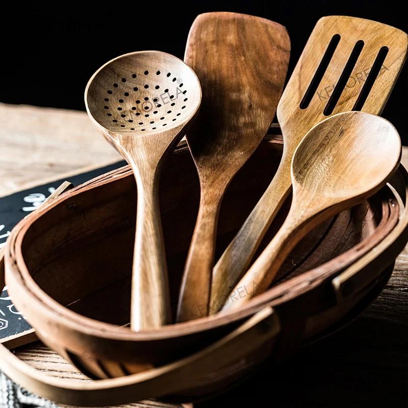 Cuillères en bois pour la cuisine, ustensiles en bois pour la cuisine avec porte-ustensiles, ensembl