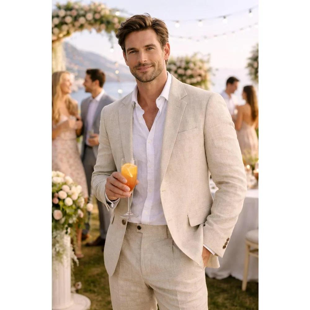 Costume Homme Lin Beige 2 Pièces Léger Été Blazer et Pantalon Coupe Slim pour Bal de Promo Mariage F