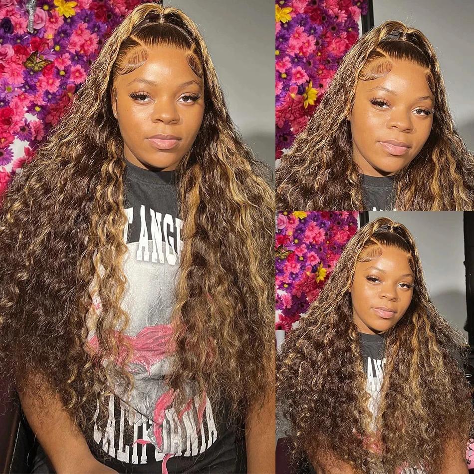 Perruque Lace Front Wig naturelle ondulée, cheveux humains, Deep Curly, brun miel, 13x4, à reflets,