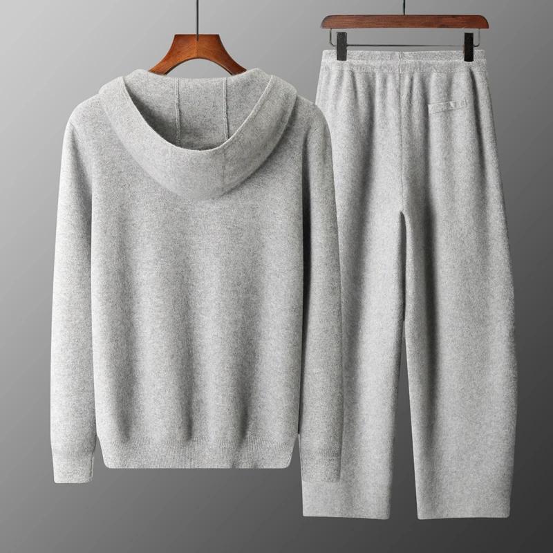 MVLYFLRT Costume tricoté en laine mérinos pour homme Cardigan à capuche avec fermeture éclair Pantal