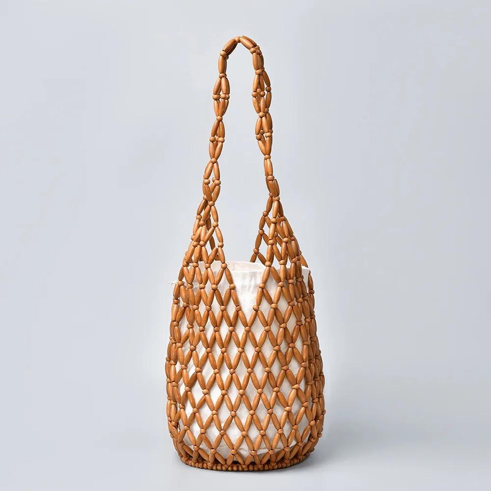Sac à main tissé pour femmes, sac à perles en bois ajouré, sac seau à bandoulière, sac à main de pla