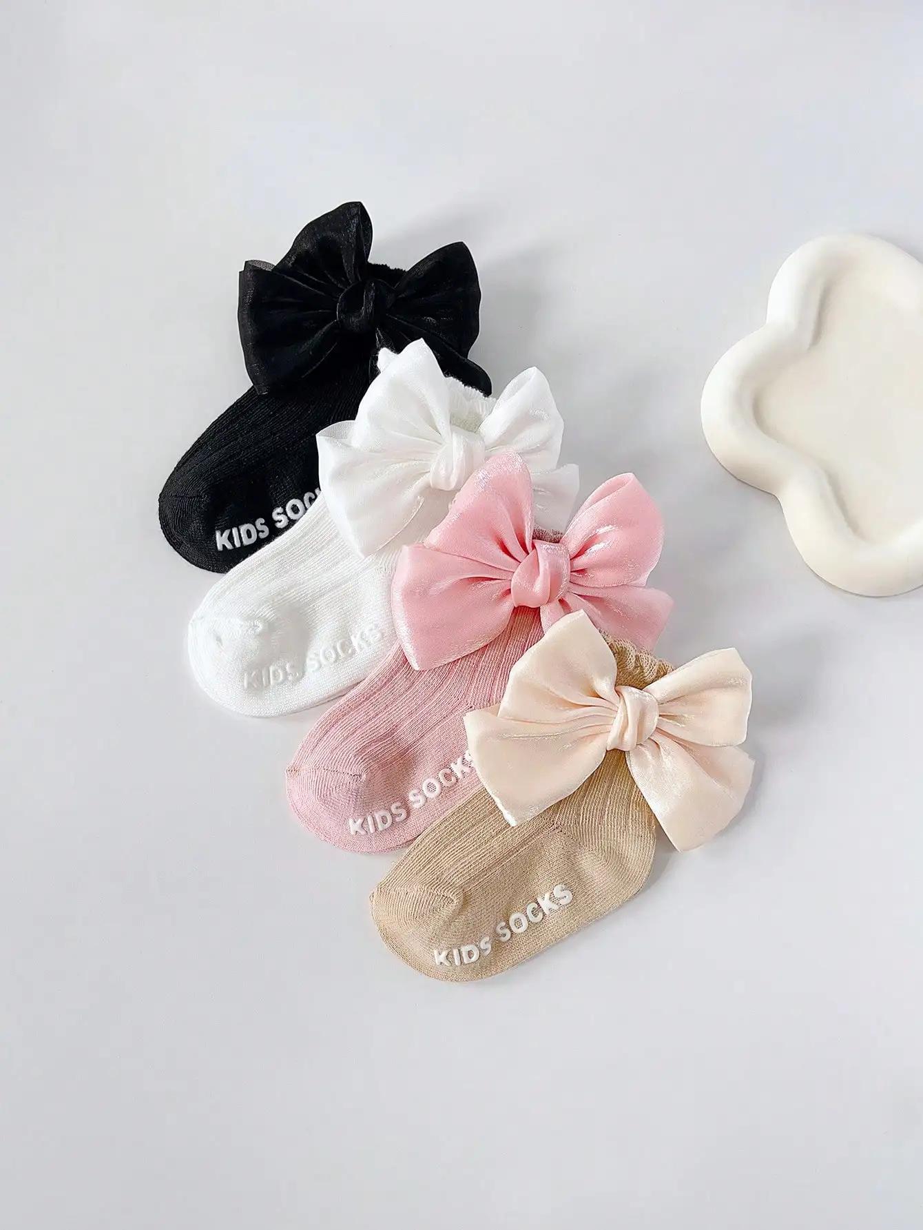 4 paires de chaussettes de sol antidérapantes avec nœud pour bébé, chaussettes d'apprentissage douce