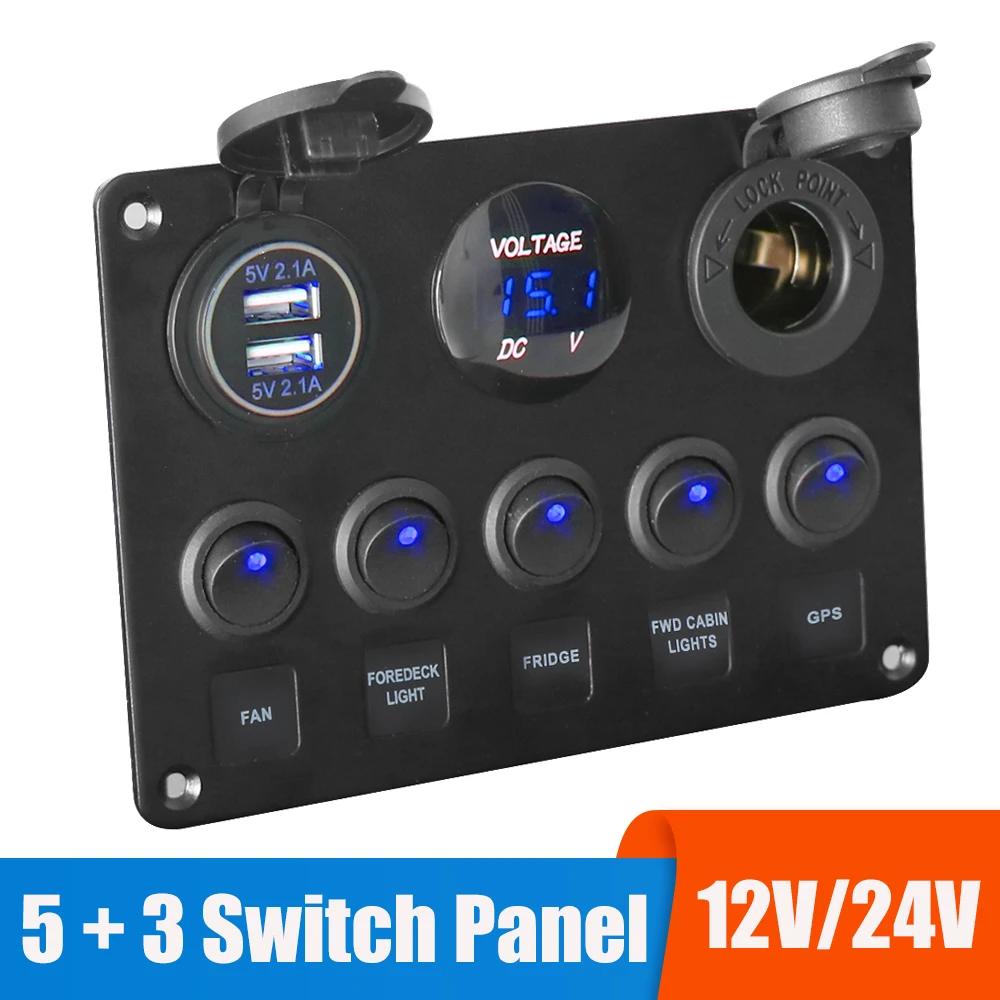 Panneau lumineux LED à 5 boutons, 12V 24V, chargeurs USB, jauge 3.0 volts, pour voiture, bateau, cam