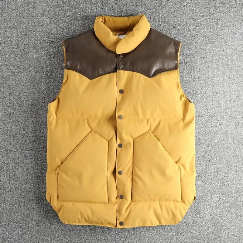 Gilet sans manches en laine de soie pour hommes, gilet épissé en PU, haut léger et chaud, tendance r