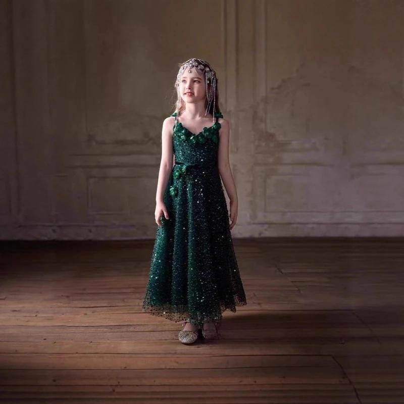 Robe de princesse vert forêt pour filles, robe de cérémonie pour enfants, robe de mariée pour filles