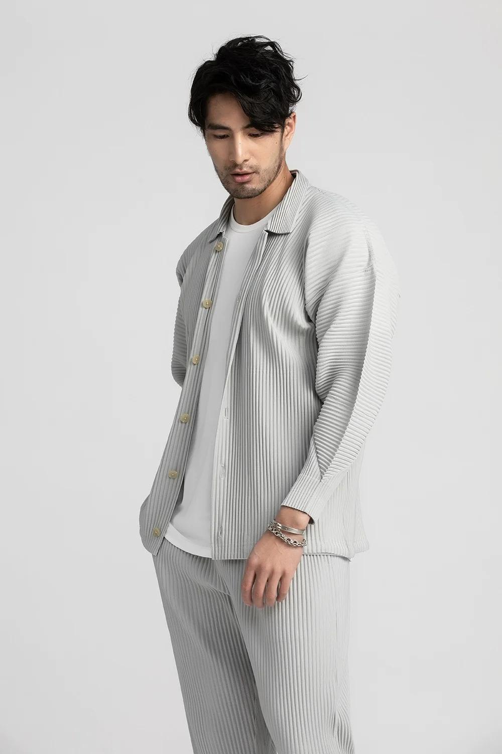 Miyake chemise plissée chemise à revers noir à manches longues t-shirt pour hommes manteau décontrac
