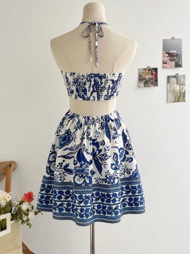 Robe romantique à imprimé Floral pour femmes, col licou, Sexy, à la mode, facile à créer, paresseux,