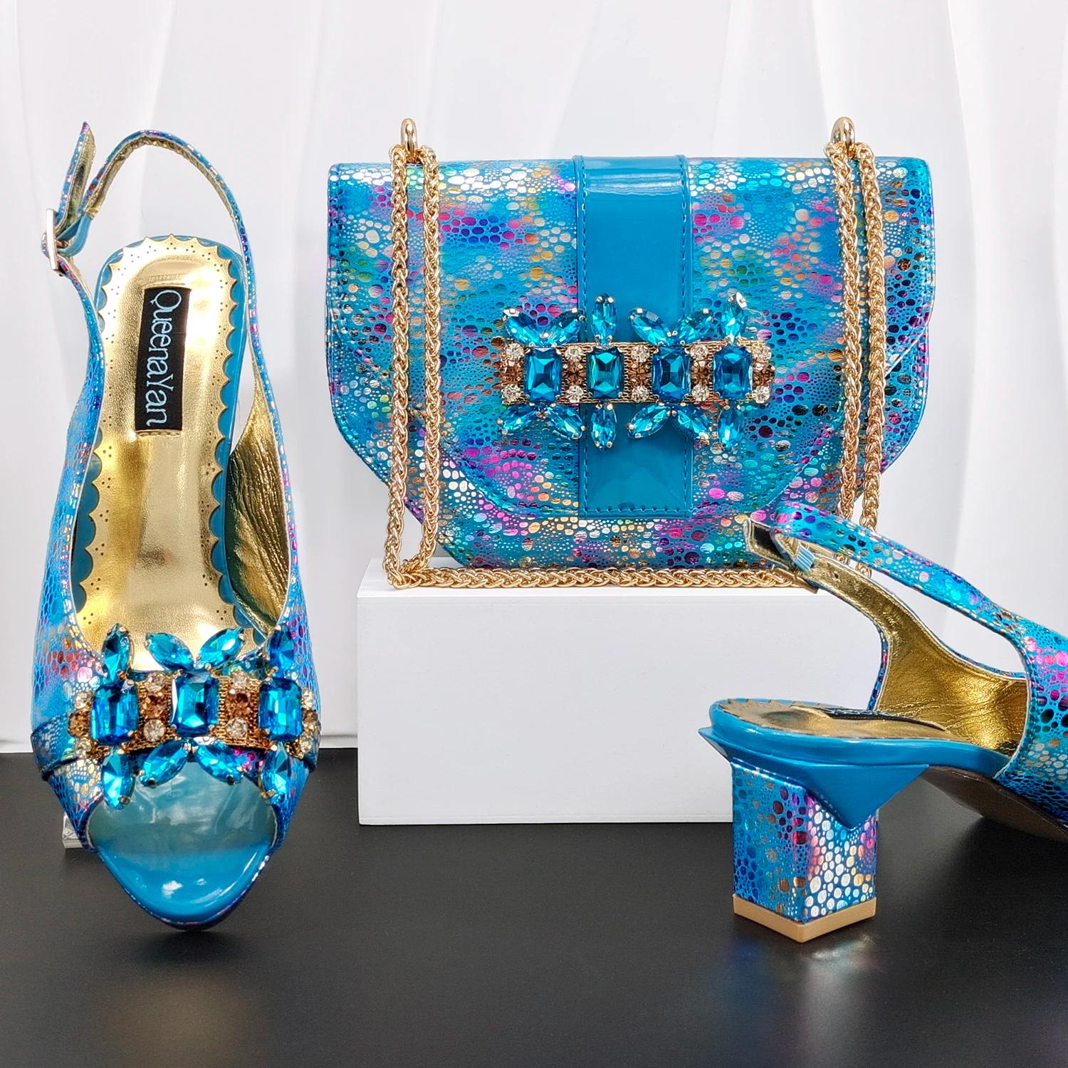 Doershow – ensemble de chaussures et sacs de style africain pour femmes, de haute qualité, bleu ciel