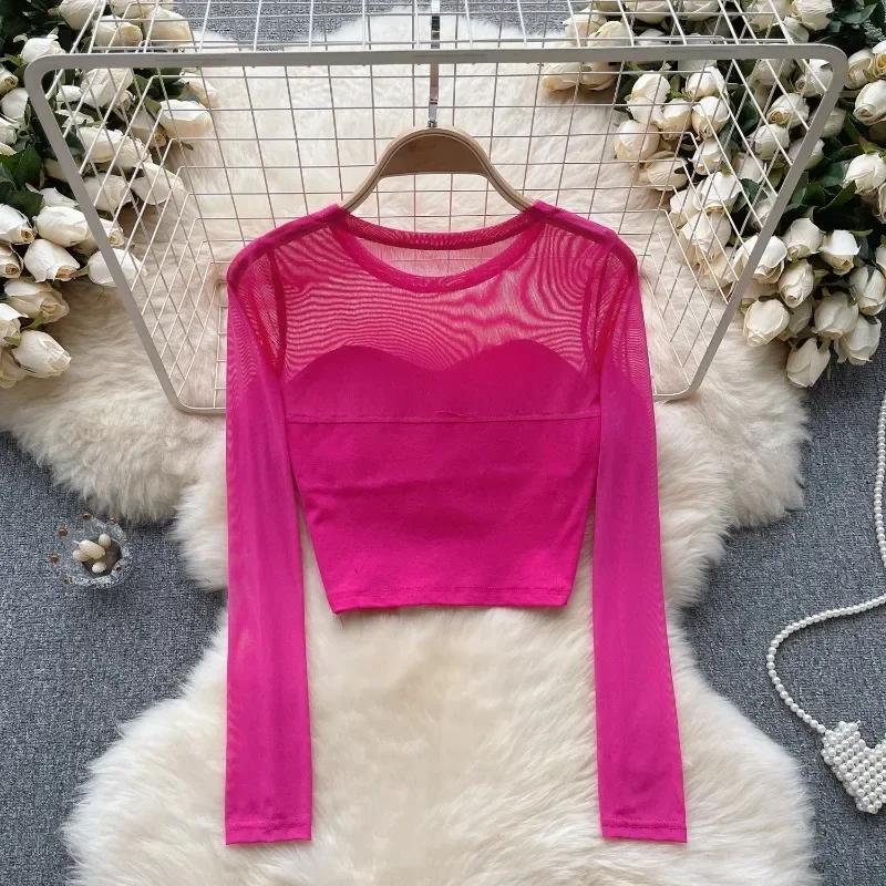 Femmes Chic maille transparente Patchwork à manches longues haut court mince Sexy coréen T-shirt mod