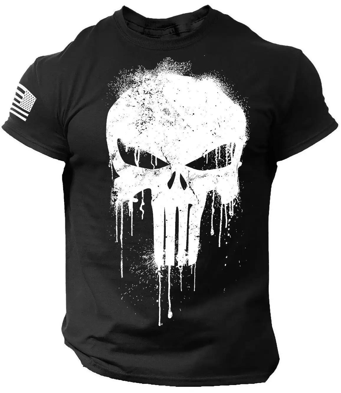 T-shirt pour hommes impression 3D crâne patriotique militaire tombant t-shirt surdimensionné à manch