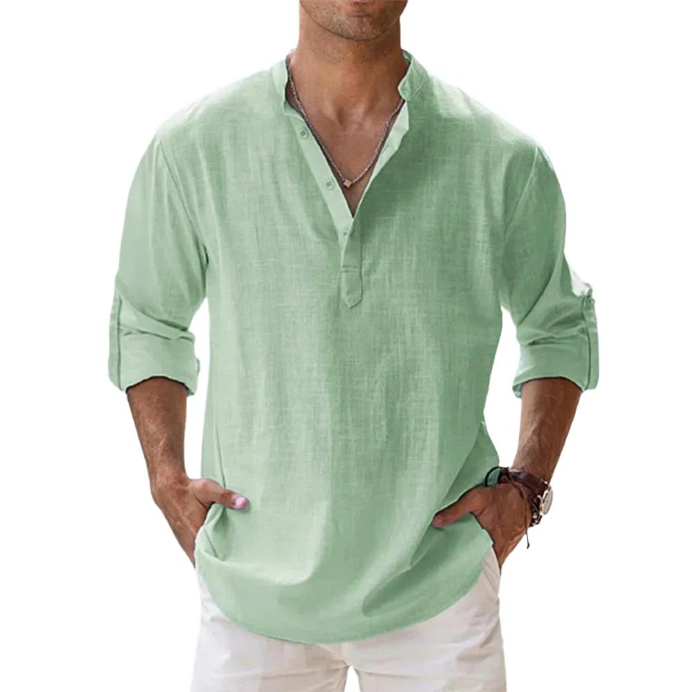 Chemises à manches courtes pour hommes, en coton et lin, couleur unie, col Henley, décontracté, Styl