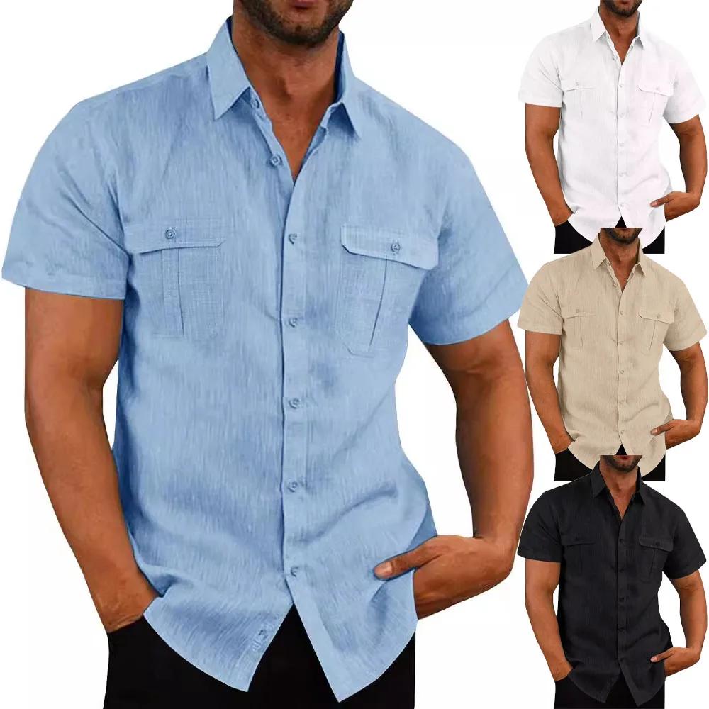 Chemise homme Double poche coton lin manches courtes chemises pour hommes décontracté vacances plage