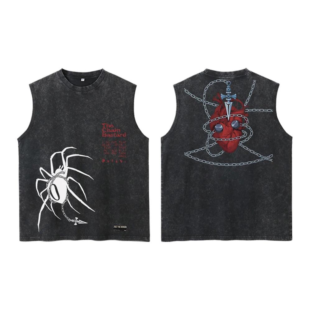 Anime Hunter X Hunter acide gilet rétro Vintage imprimé lavé graphique gilet hommes Harajuku Y2k cot