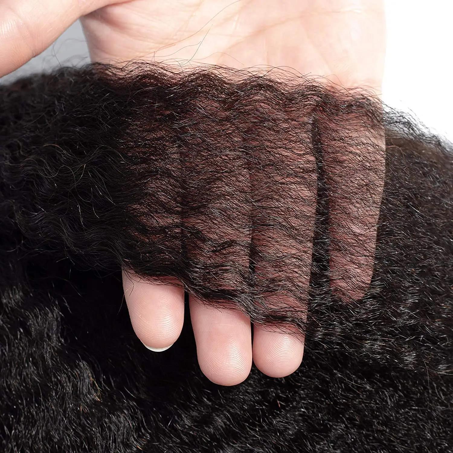 Mèches Péruviennes Naturelles Remy, Cheveux Crépus Lisses, 4x4, avec Closure
