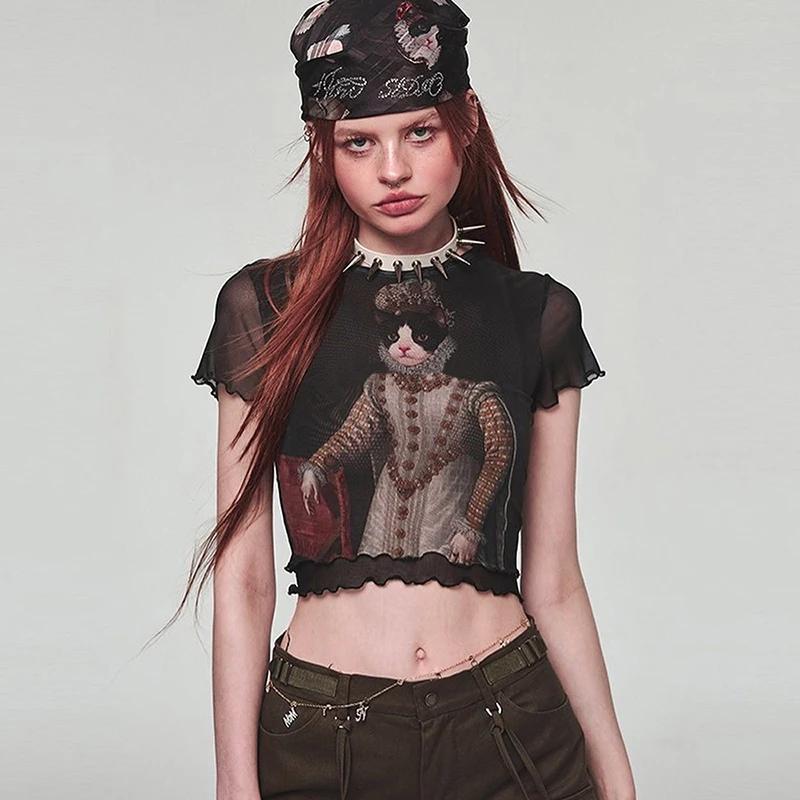 Y2K-T-shirt à manches courtes en maille de dentelle pour femmes, haut court imprimé chat, transparen