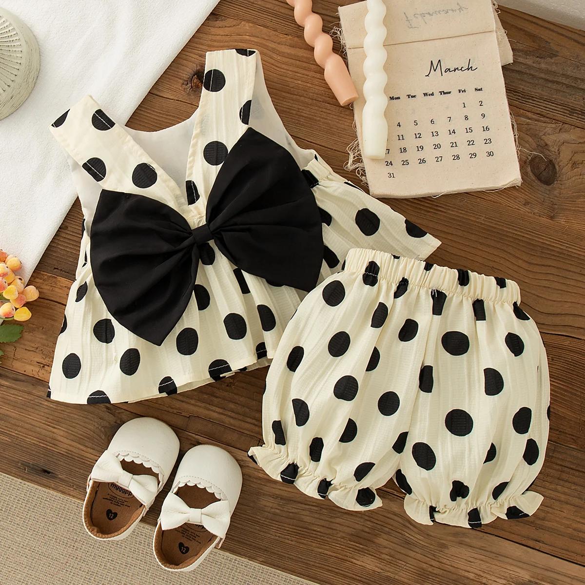 Ensemble 2 pièces pour petites filles, haut et short sans manches avec nœud à pois, Style coréen, te
