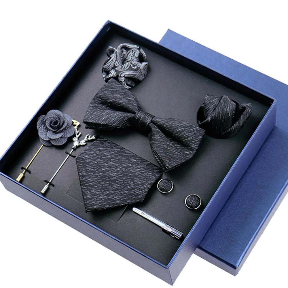 Ensemble de 8 pièces d'affaires, cravates bleues pour hommes, broches florales, boutons de manchette